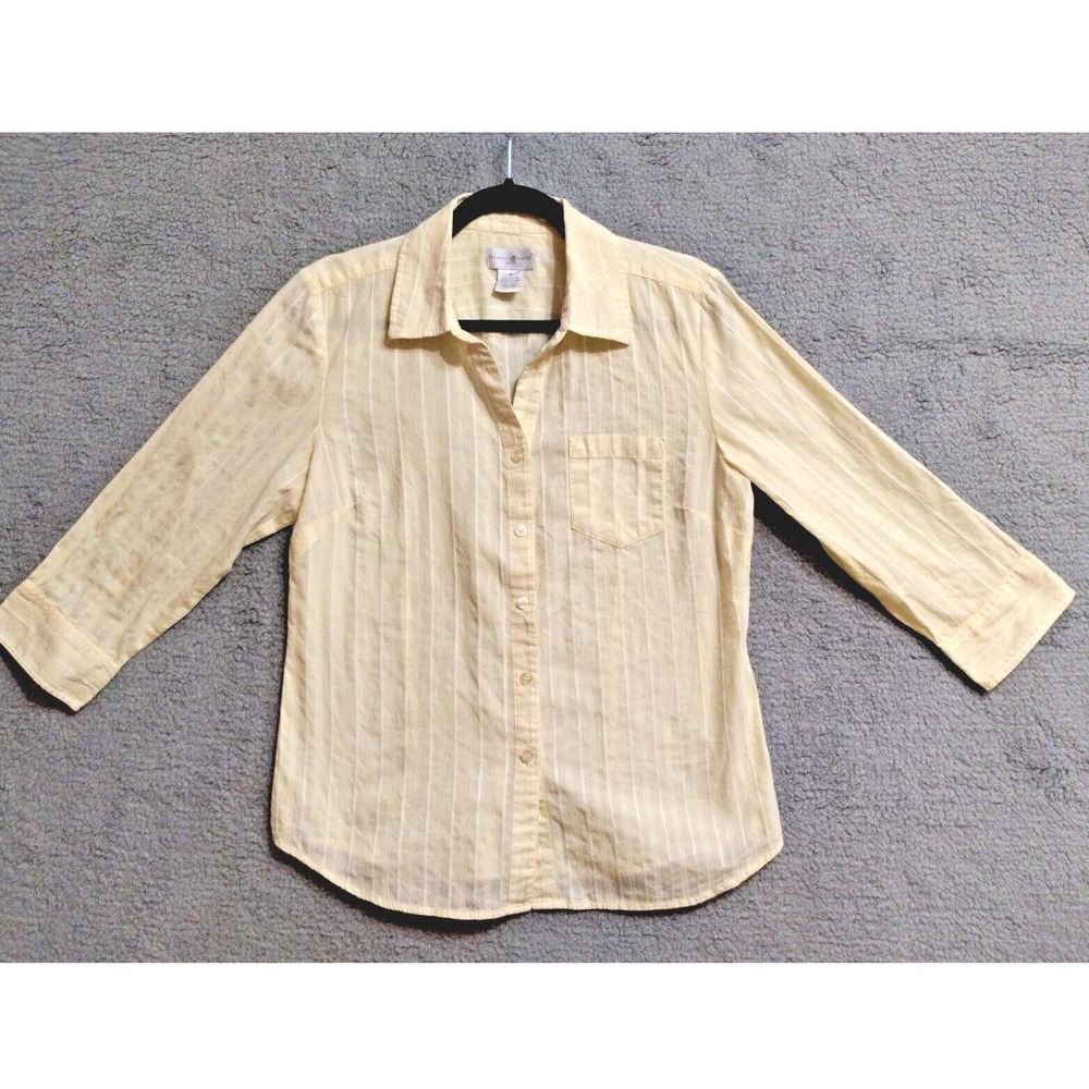 Preswick Moore Shirt Womens Medium Yellow Embroidered‎ Stripe 100% Cotton Preppy